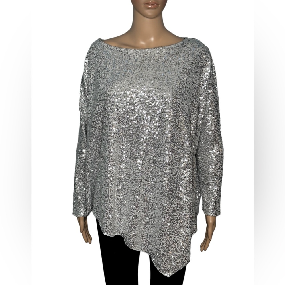 Ducci women long sleeve oversized metallic gray sequin pointed front top one siz